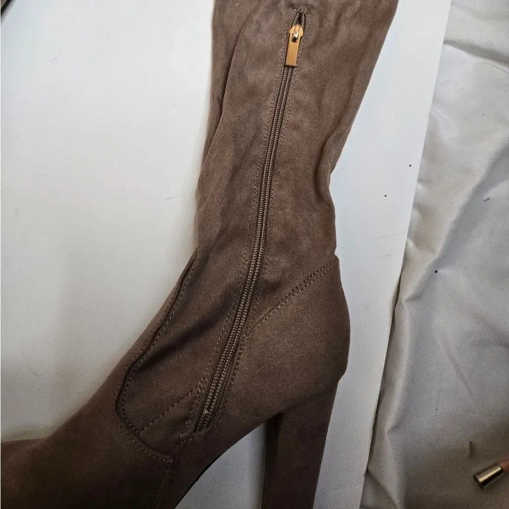 JGOODS Maya tan faux suede over the knee high heeled boots‎ 8